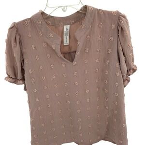 B Mauve Pink Swiss Dot Puff Sleeve Split Neck Blouse Top Medium